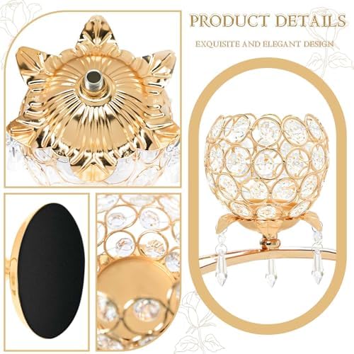 Set of 3 Gold Crystal Tea Light Candlestick Holders Flower Shape with Crystal Pendant Bowl Votive Metal Candle Holder for Table Centerpieces Wedding Home Decor (Set of 3, Gold) - Image 3