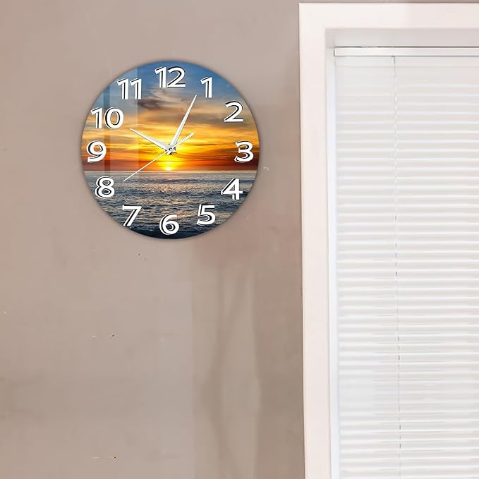 15 Inch Sunset Ocean Wall Clock, Beautiful Landscape Wall Art Clock Large Numbers Easy-to-Read Modern Decorative Silent Non Ticking Wall Watch Clock Battery Operated for Bedroom Living Room