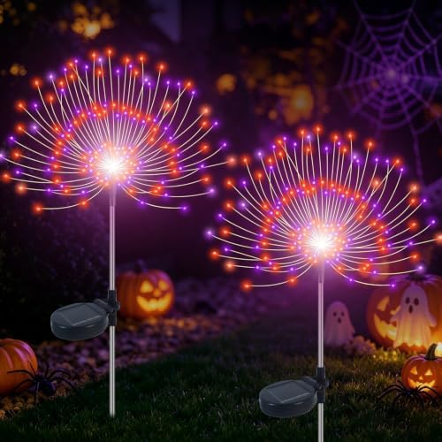 Slyuexu Solar Garden Lights Outdoor Waterproof, 2 Pack 120 LED Solar Firework Lights Decorative Garden Décor Outside for Flowerbed Pathway Party Halloween Christmas Decorations, Purple + Orange by Slyuexu