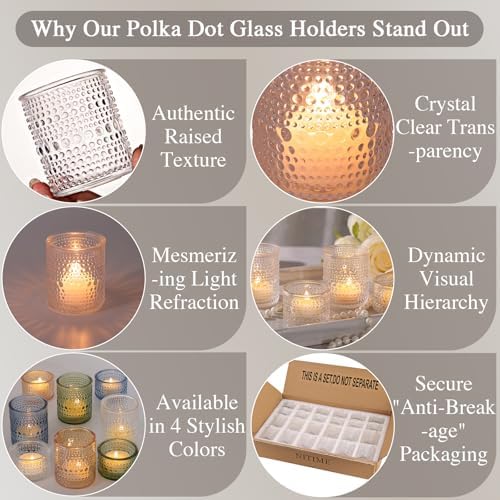 NITIME Glass Votive Candle Holders Set of 24, Assorted Heights Polka Dot Tea Light Holders for Wedding Centerpieces, Table Decor, Party & Home Decoration, Fits Standard Votives & Tea Lights - Image 6