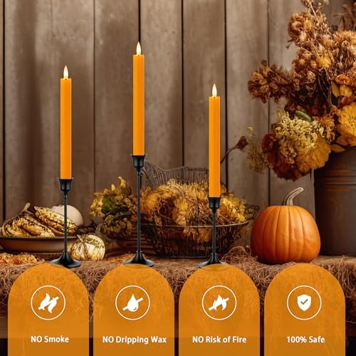 Orange Flameless Taper Candles with Remote and Timer, 9.65" Real Wax LED Candlesticks, Battery Operated Autumn Candles with 3D Flickering Flame, Thanksgiving & Halloween Table Decor, 3 Pack - Image 3