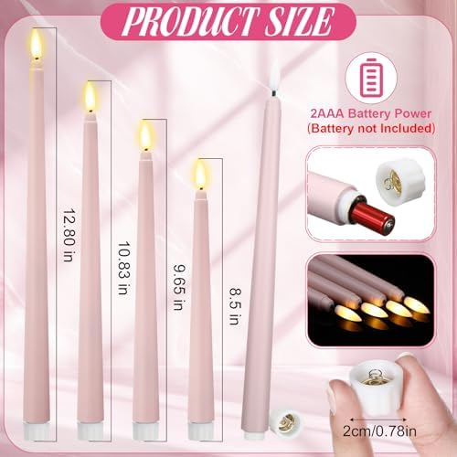 Rossesay 24 Pcs Flameless LED Taper Candles Battery Operated Candle 8.5", 9.65", 10.8", 12.8" Flameless Candlesticks Flickering for Christmas Church Wedding Indoor Decoration(Classic, Dusty Pink) - Image 2