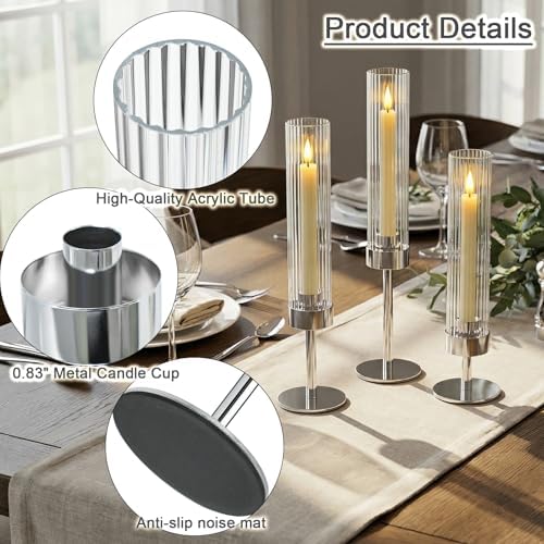 Metal & Acrylic Taper Candle Holders with Ribbed Design - Hurricane Clear Cylinder Candelabra for Wedding, Christmas, Party, Dining Table Centerpiece Decor (Silver, Set of 6) - Image 3
