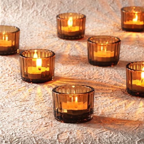 Homemory 24 Pcs Tealight Candle Holders, Amber Votive Candle Holders, Glass Candle Holder for Table Centerpiece, Wedding, Baby Shower, Birthday, Party, Halloween, Christmas by Homemory
