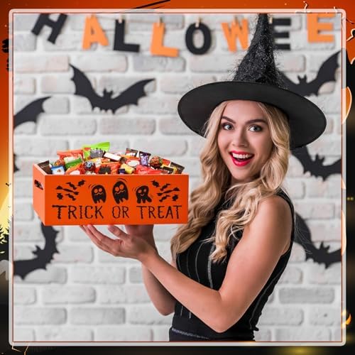Leinuosen Halloween Candy Bowl Wooden 11.8 In Trick or Treat Orange - Image 3