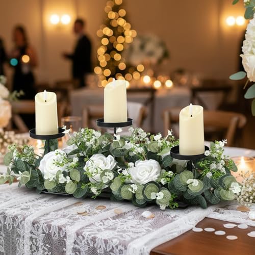 Zonon 21.6'' Wedding Candle Holder Centerpiece 3 Wick Electronic Candle Holder with Eucalyptus Leaves Roses for Wedding Party Decoration by Zonon