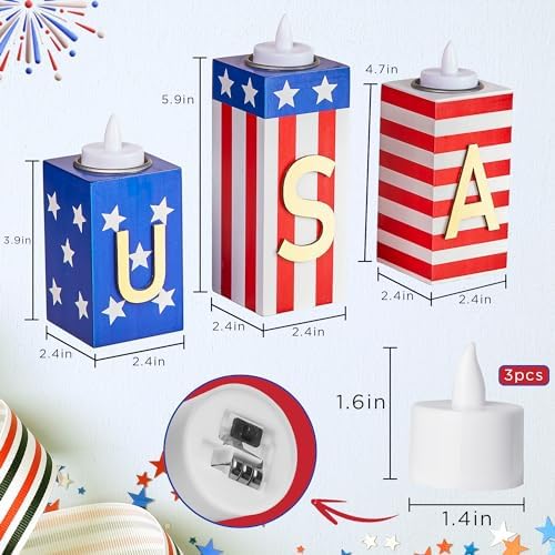 BlcTec 4th of July Decorations, 3 PCS Patriotic Wood Candle Holders with Tea Lights, Rustic Farmhouse Centerpieces for Home, Tiered Tray, Tabletop, Mantel, Office, Porch, Memorial Day, July 4th Décor - Image 3