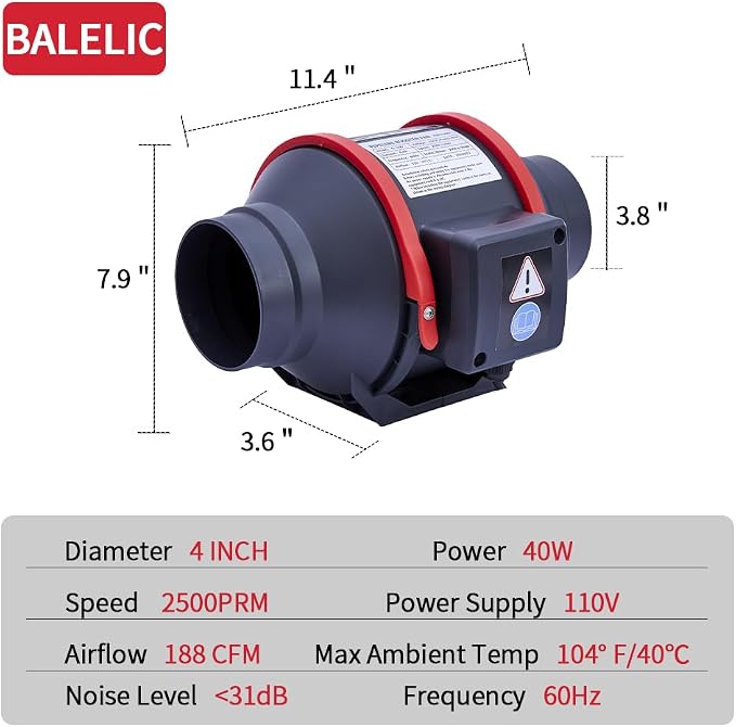 4 Inch Inline Booster Duct Fan with Speed Controller | Low Noise HVAC Vent Blower, 200 CFM Ventilation Exhaust Fan 2550 RPM, For Heating Cooling Booster, Grow Tents, Hydroponics