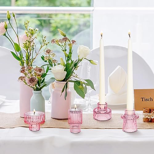 Taper Votive Candle Holder for Pillar Candles Tealight, Candlestick Holder for Wedding Christmas Tea Party, Boho Ribbed Vintage Crystal Glass Table Centerpiece Decor, Bulk Set of 6 (Pink) - Image 2