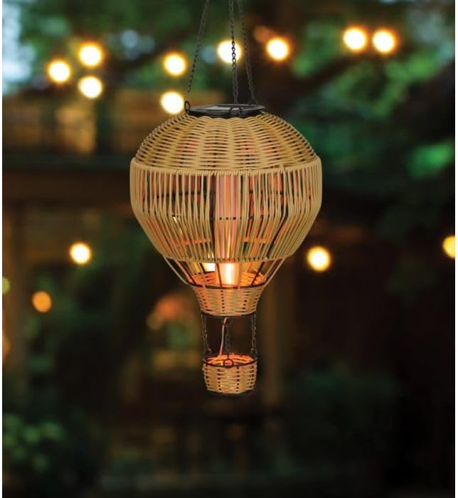 Regal Art & Gift Hot Air Balloon Solar Lantern – Hanging Solar-Powered LED Lights, Waterproof Portable Decorative Outdoor Lamp Made of Metal & Glass for Garden, Patios & Pathway – Wicker (Large)