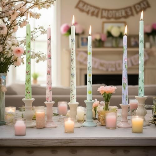 Floral Toile Candle Sticks Print Smokeless Candlessticks 6 Pack Handmade Pastel Candle 10 inches Long Flower Tapered Candles for Dining Living Room Mantel Cozy Hygge Ambiance Everyday Home Decor - Image 2