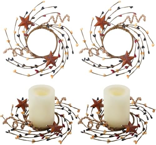 Daifunli 2 Pcs Primitive Pip Berry Candle Ring Rusty Stars Candle Wreath Ring for Pillar 3.9 Inch Candles Holder for Wedding Season Dining Table Centerpiece Decor by Huiinen