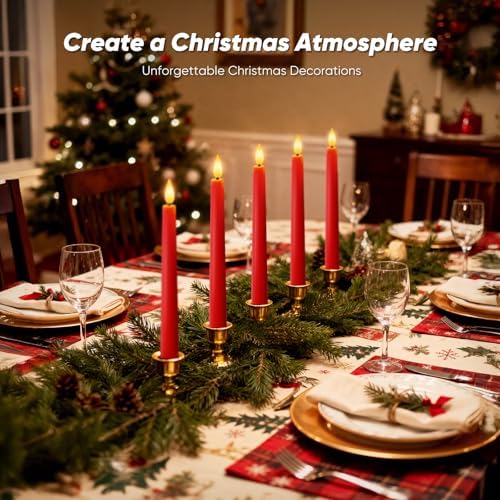 Homemory 12 Pcs Waxy Red Flameless Taper Candles with Remote, Led Flameless Candlesticks Classic Tall Candle, Flickering Battery Operated Taper Candles for Bedroom, Dining Room, 9.6 inches - Image 4
