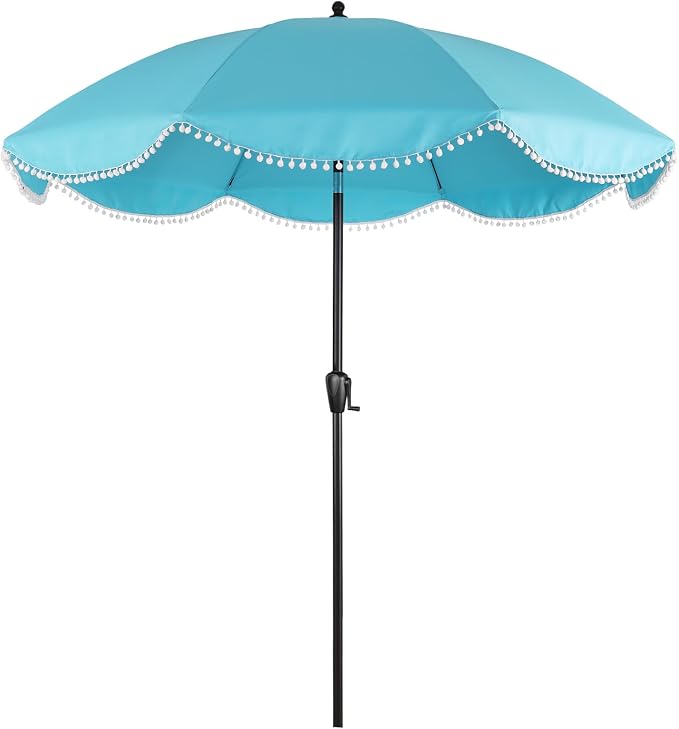 Sun-Ray 9' Patio Umbrella with Aqua Copy and White Fringe Accents, Black Frame Market Umbrella for Patio, Deck, and Backyard