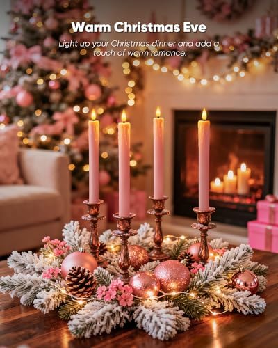 Homemory 6 Pcs Real Wax Pink Flameless Taper Candles with Remote Timer, 9.6 Inches LED Fake Candlesticks, LED Candle with 3D Flickering Flame for Romantic Wedding, Dinner, Xmas Anniversary Decor - Image 4