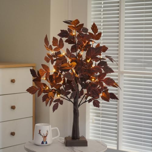 2FT Lighted Birch Tree with Green Leaves, LED Tabletop Christmas Tree, USB/Battery Powered Light Up Tree with Auto Timer for Indoor Holiday Desk Home Decor by JQPYGB