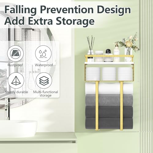 Towel Racks for Bathroom, Bathroom Shelf Over Toilet,Floating Shelves with Towel Rack Paper Holder Storage Basket,Floating Shelves for Wall Decor,Gold - Image 5