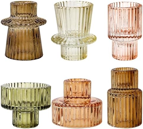 Brown Candlestick Holders 6PCS for Tealight Candle Stick Candles, Ribbed Glass Taper Candle Holders Set, Table Centerpieces for Thanksgiving Christmas Farmhouse Decor Indoor and Outdoor by Unknown