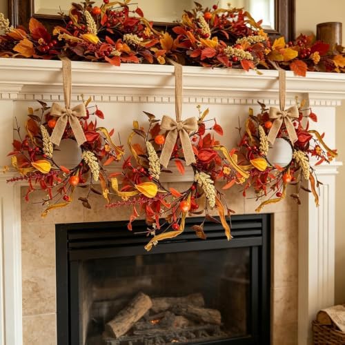 Fall Candle Ring Wreath, Artificial Autumn Berry Grain Candle Holder Wreath, Small Harvest Candle Ring with Red Berries Foliage for Thanksgiving Table Centerpiece Home Decor - Image 6