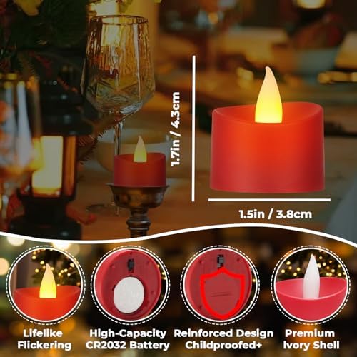 Realistic Flameless LED Tea Lights - 24 Pack Premium LED Tea Lights for Christmas Mantel, Valentine's Dinner & Wedding Centerpieces (Red Base, 24 Pack) - Image 4