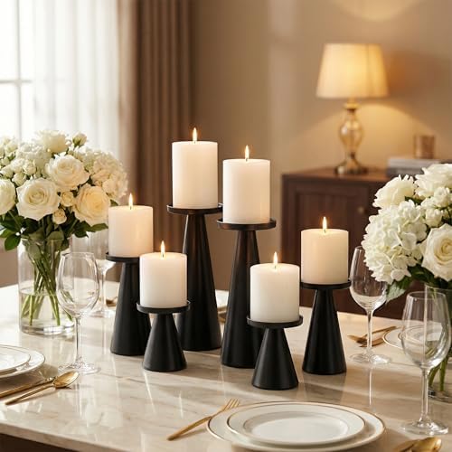 Set of 3 Black Iron Pillar Candle Holders 4 & 4.7 & 6.4 Inch Tall - Image 6
