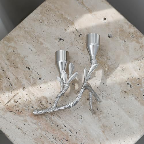 Modern Silver Tealight Tree Branch-Inspired Dual Metal Leaf Candle Holder 5.12"x4.57" Alloy Steel candlesticks Taper for Tables top Centerpiece Home Decor (Silvery) - Image 4