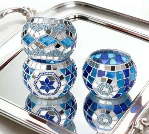 4PCS Mosaic Tealight Candle Holder Set - Blue Mediterranean Glass Votive Candle Holder for Summer Ocean Decor & Diwali Decorationr & Diwali Gift - Image 6