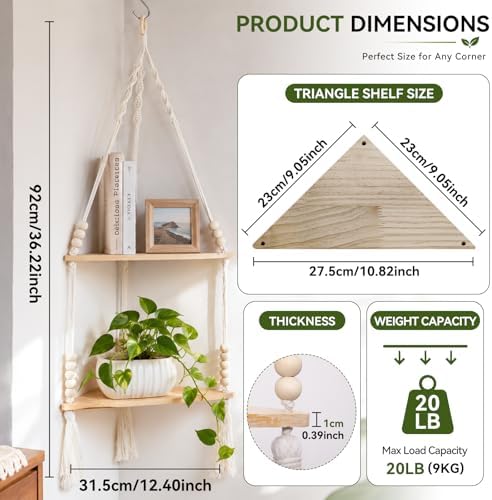 Artilady Macrame Wall Hanging Corner Shelf, Adjust Boho Storage Wall Decor - Image 5