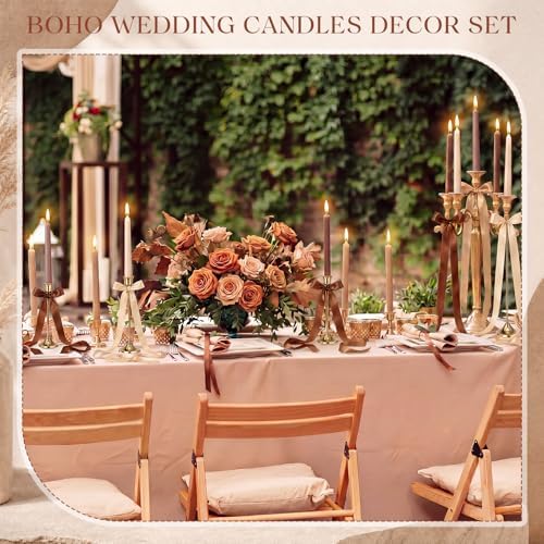 12 Pcs Fall Party Decor Brown Taper Candles with 3 Roll Ribbon - Image 3
