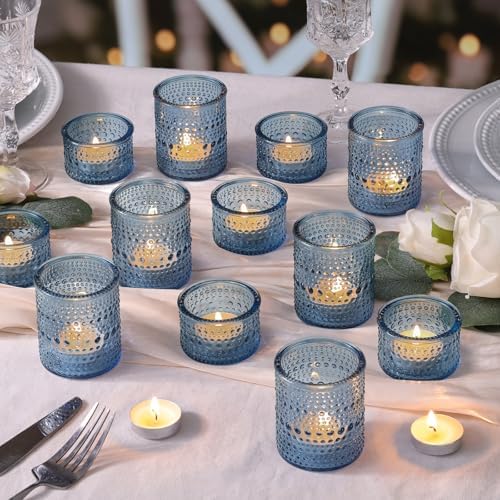 NITIME Blue Glass Votive Candle Holders Set of 24, Assorted Heights Polka Dot Tealight Candle Holders for Table Centerpiece, Blue Candle Holder Decor for Wedding, Baby Shower Party & Spa by NITIME