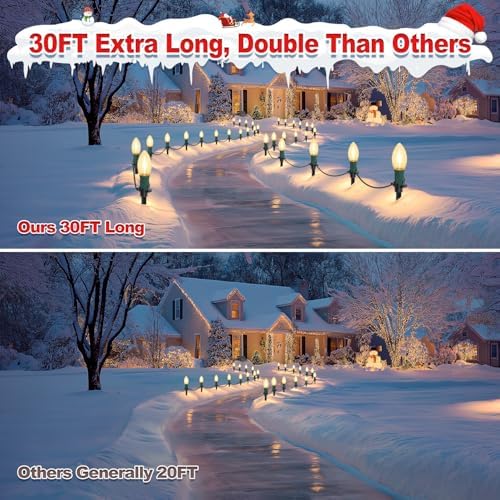 30Ft C9 Led 20 Bulbs Christmas Pathway Lights Outdoor, Warm White Led Bulbs Waterproof Connectable Christmas Walkway Lights with Stakes for Yard Lawn Sidewalk Driveway, Christmas Decorations - Image 7