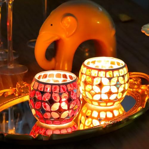 SHMILMH Mosaic Candle Holders Set of 4, Handmade Glass Tealight Votive Holders, Vibrant Red Yellow Blue Green for Diwali Christmas Wedding Party Decor, Year-Round Festive Centerpiece - Image 5
