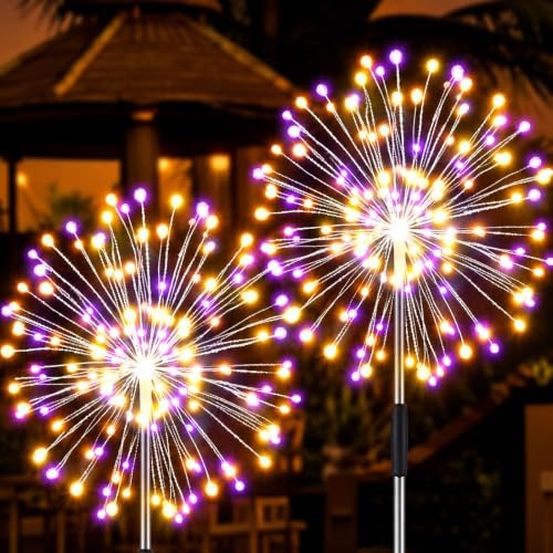 Solar Firework Lights, 2 Pack 120 LEDs 2 Lighting Modes Solar Garden Lights Outdoor Waterproof for Yard Patio Walkway Pathway Party Wedding Christmas Decorative - Orange and Purple by JJGoo