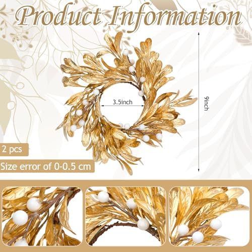 2 Pcs Gold Christmas Candle Rings Wreaths Artificial Gold Boxwood Leaf Wreath for Pillar 3.9 Inch Candles Holder for Christmas Xmas Winter Rustic Table Centerpiece Decor - Image 2