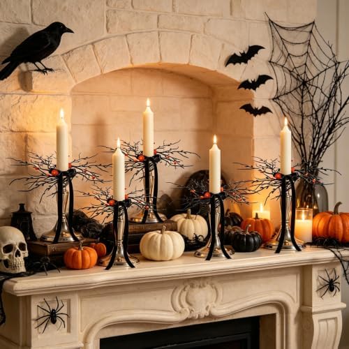 4 PCS Halloween Taper Candle Rings Wreaths 1.38" Mini Black Orange Berries & Pumpkin Taper Candle Holder Wreaths for Pillar Candle for Halloween Party Church Home Table Centerpiece Candlesticks Decor - Image 5