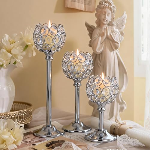 Silver Crystal Candle Holders Candlestick Holders - 2 Sets Tall Bling Bowl Candelabra Centerpieces for Dining Table, Wedding, Party & Fireplace Mantel Decor,6Pcs - Image 5