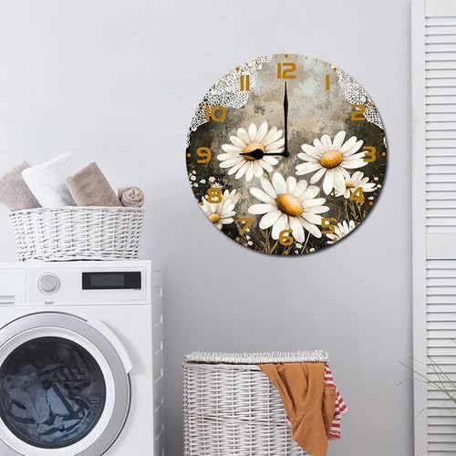 Chamomile Flowers Daisies Wooden Silent Non-Ticking 10 Inch Round Clocks Battery Operated Analog for Living Room Kitchen Bedroom Bathroom Office Home School Decor