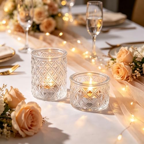 36 Pack Clear Glass Tealight Candle Holders for Wedding Centerpieces - Diamond Facet Votive Holders for Bridal Shower, Reception Tables, Event Decor - Bulk Tea Light Holders Set - Image 3