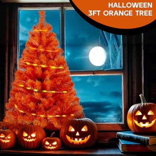 Orange 3ft Christmas Tree with Lights, Halloween 36inch Artificial Small Tree Mini Table Top Decorations, Xmas Desk Tree with 80 Color Lights, 200 Branch, Holiday Decor for Home,Indoor Office Tabletop - Image 2