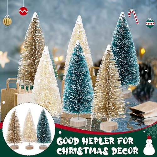 24 Pcs 4 Inch Mini Christmas Tree Bottle Brush Trees Artificial Frosted Sisal Christmas Tree with Wood Base for Christmas Decoration and Display Home Tabletop (Gold, Cyan, Beige) - Image 4