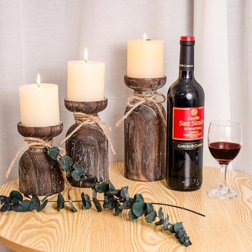 Farmhouse Wooden Candle Holders for Pillar Candles, Brown Distressed Set of 3 Rustic Wood Pillar Wood Candle Stands with Hemp Rope Bow Table Centerpiece Decor for Fireplace, Living, and Dining Room - Image 4