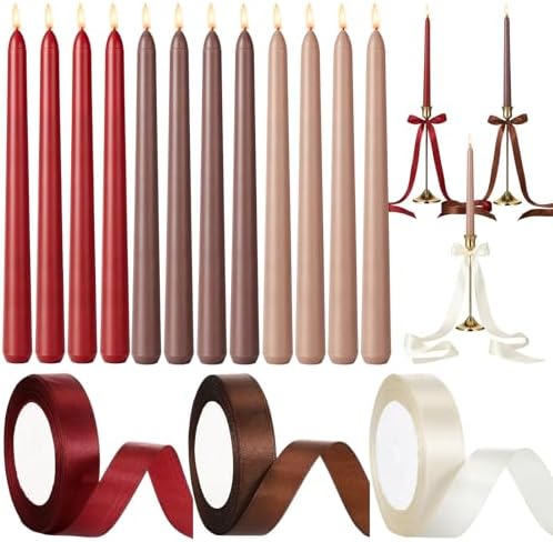 12 Pcs Dark Red and Brown Party Taper Candles with 3 Roll Ribbon by Windkream