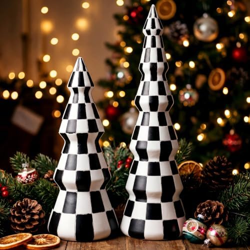 2 Pcs Resin Checkered Christmas Tree Figurines Centerpiece 2 Size by Chumia