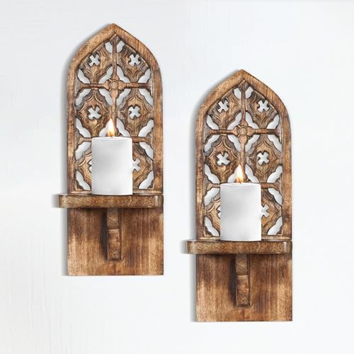 Burnt Natural Wall Mounted Candle Sconces (Set of 2) - Decorative Hand-Carved Wooden Candle Holders, Farmhouse Style, Perfect for Living Room, Bedroom & Kitchen Wall Décor - 16 Inch - Image 2