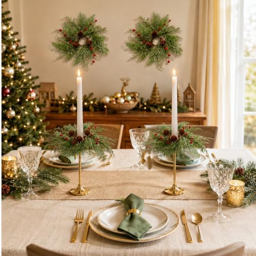 4 PCS 1.38" Mini Christmas Pine Taper Candle Rings Holder Wreaths - Image 4