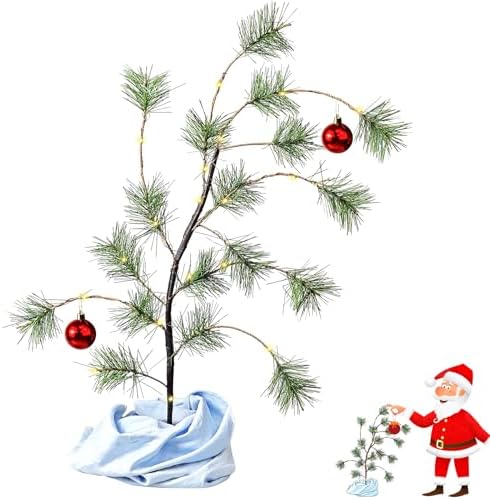 24" Tabletop Christmas Tree with Red Glossy Ball, Wooden Stand Mini Christmas Bent Tree with Blue Blanket Holiday Décor,Holiday Memories Decorations Gift by KBOROVER
