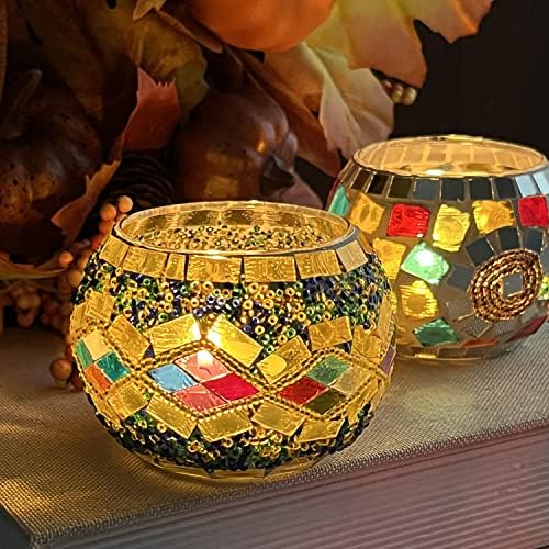 SHMILMH Glass Candle Holder Set of 4, Diwali Gift Votive Candle Holders Handmade Mosaic Glass Tealight Holders Diwali Christmas Table Decorations for Home - Image 3