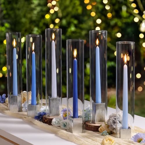 LETINE Hurricane Candle Holders with Silver Ribbed Taper Candle Holders Set of 9 (14")– Bulk Windproof Taper Candle Hurricane Glass for Outdoor&Indoors Wedding Centerpiece, Event & Home Decor by LETINE