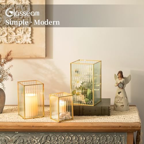 Glasseam Gold Hurricane Glass Candle Holders, Square Ribbed Pillar Set of 3 - Image 2