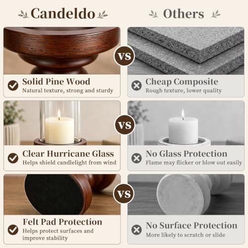 Candeldo Wooden Hurricane Candle Holders Pillar: Mid Century Modern Brown - Image 2